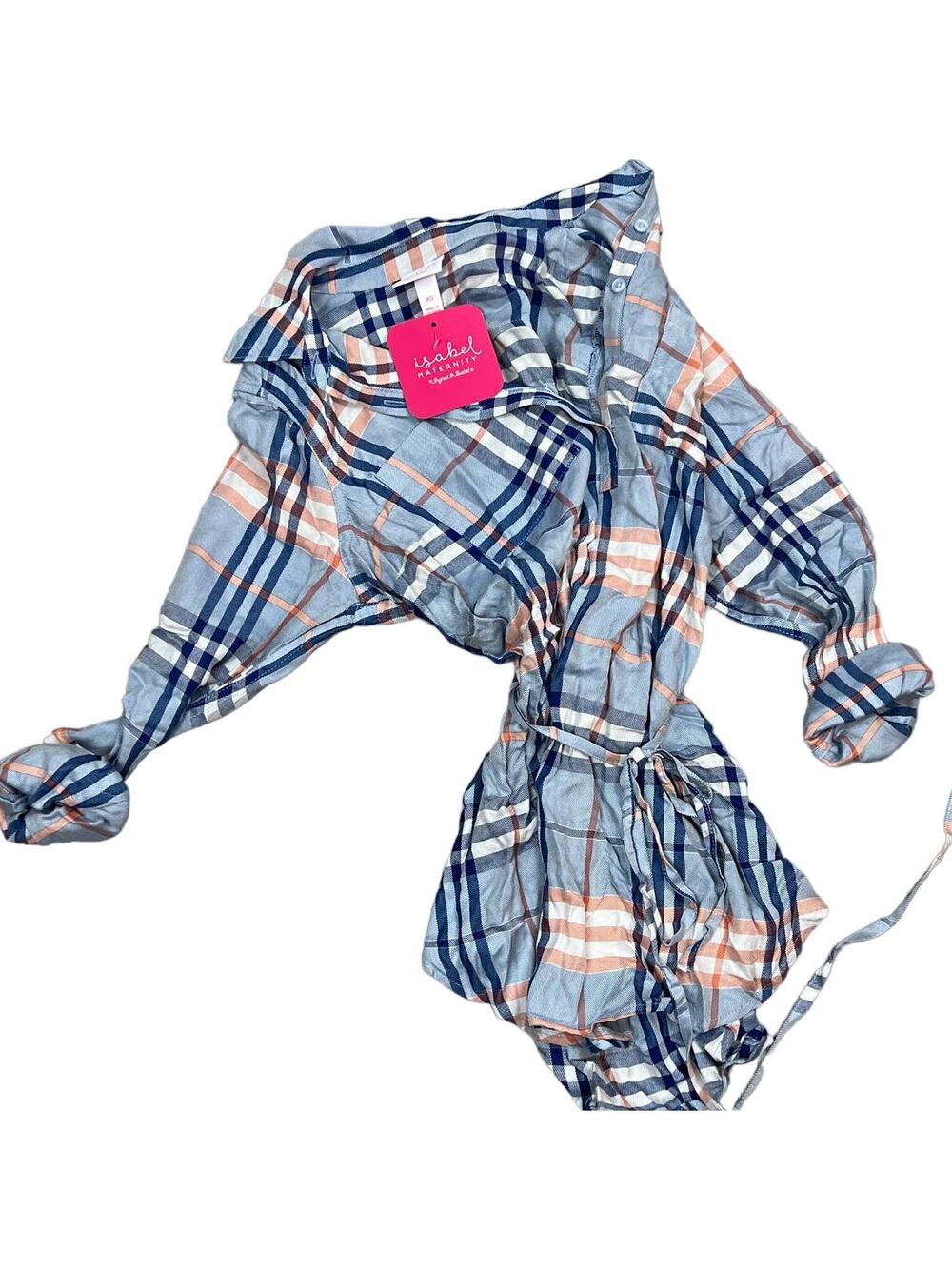 Isabel Maternity Blue Woven Collared Popover Plaid Shirt - Size XS - NWT